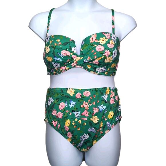 LOFT Swim Bikini Size XXL Green Floral Bandeau Top High-Waisted Bottom NEW NWT - Picture 1 of 16